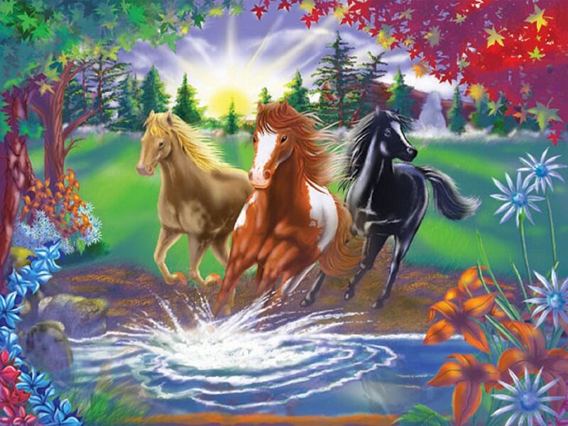 Three Horses Running — Green, Vibrant, Sunrise