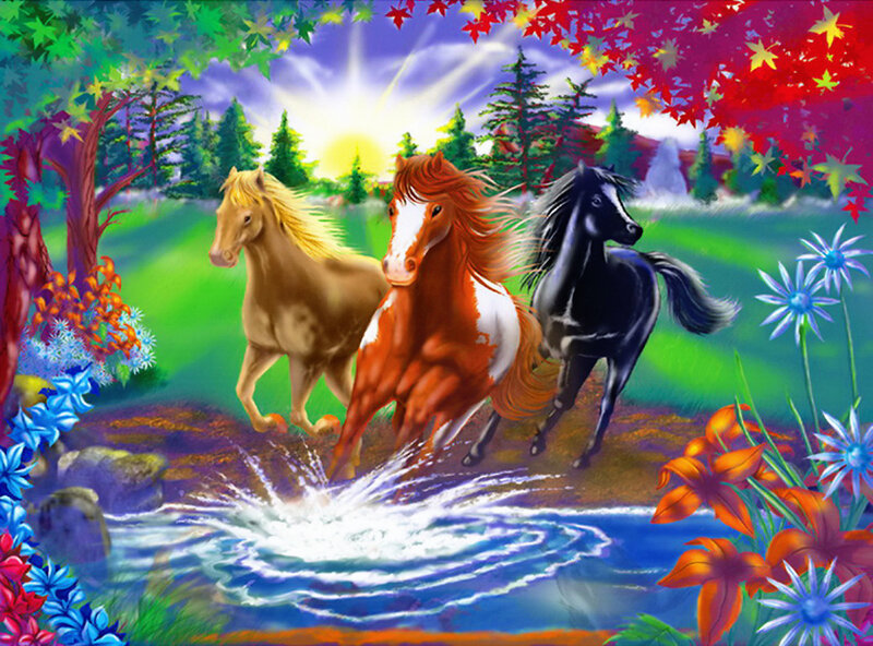 Three Horses Running — Green, Vibrant
