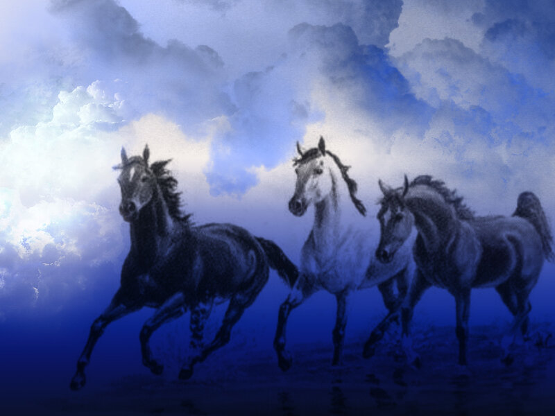 Three horses running in blue light