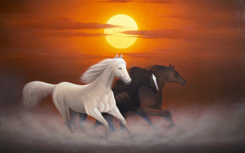 Three Horses Running — Orange, Dramatic