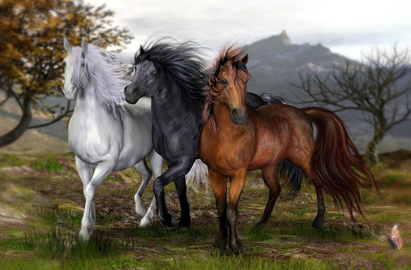 Three Horses Running — White, Dynamic, Autumn