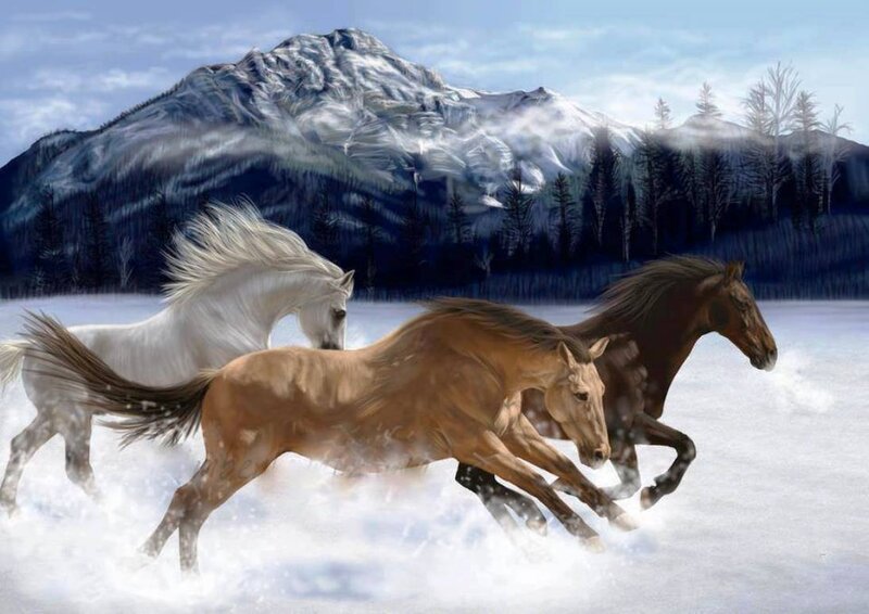 Three Horses Running — White, Dynamic, Winter