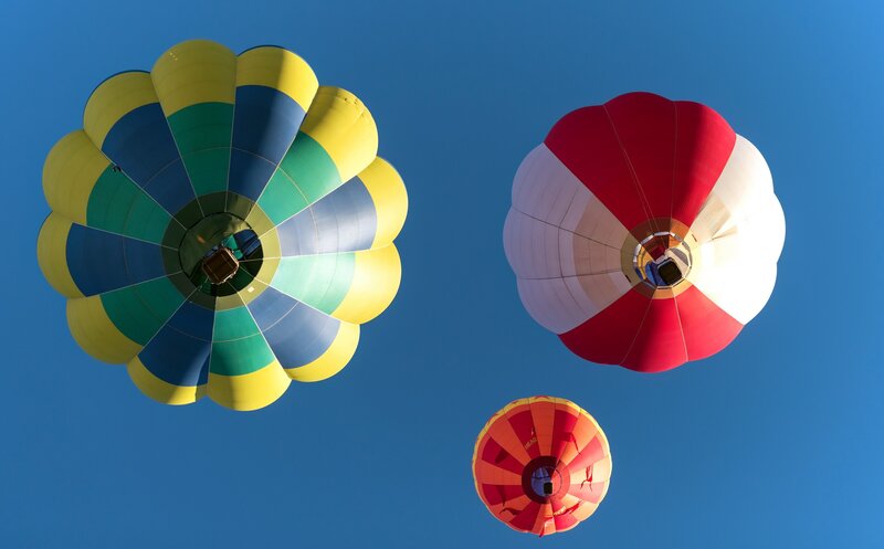 Three Hot Air Balloons — Blue, Serene, Morning