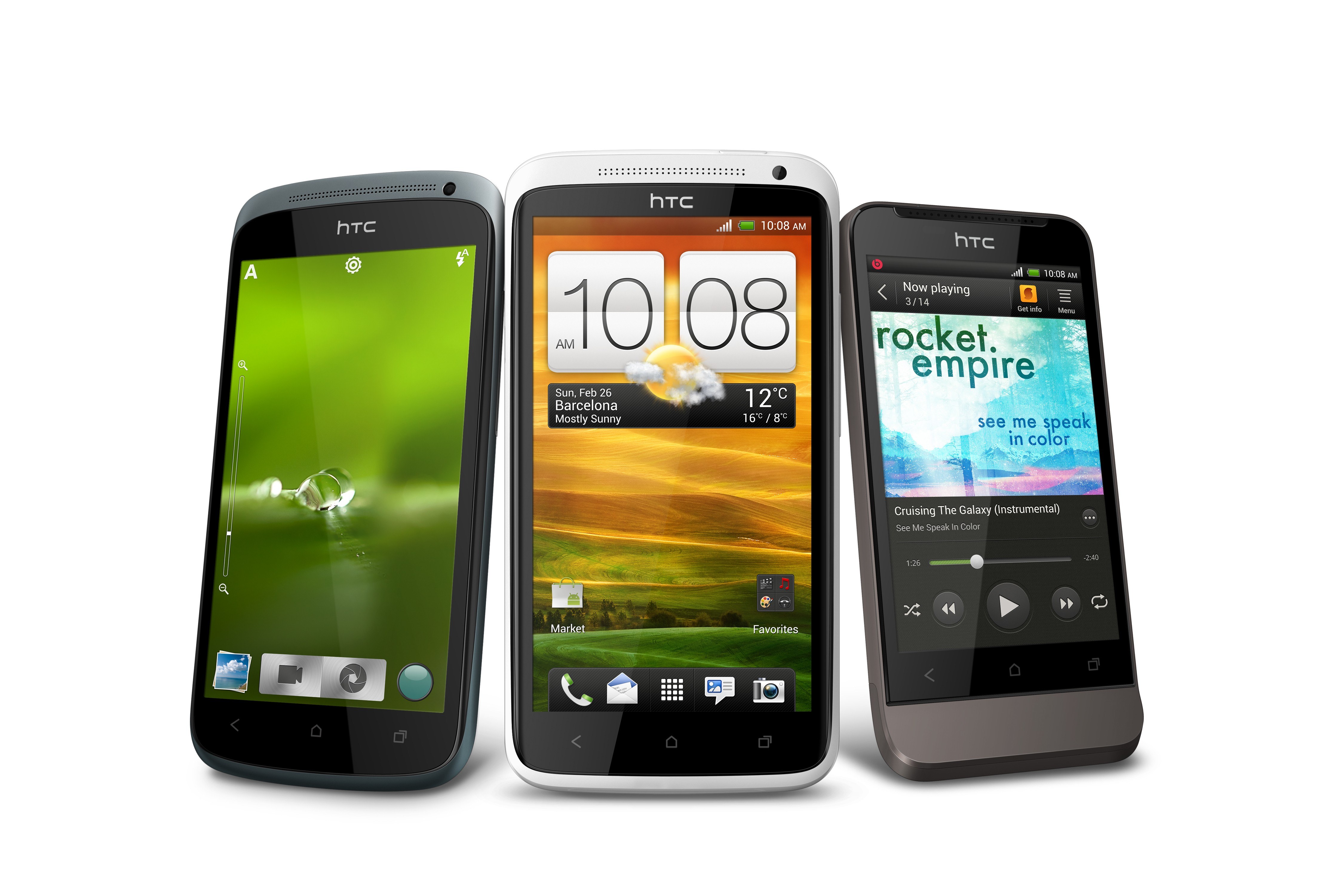 Three HTC smartphones on display