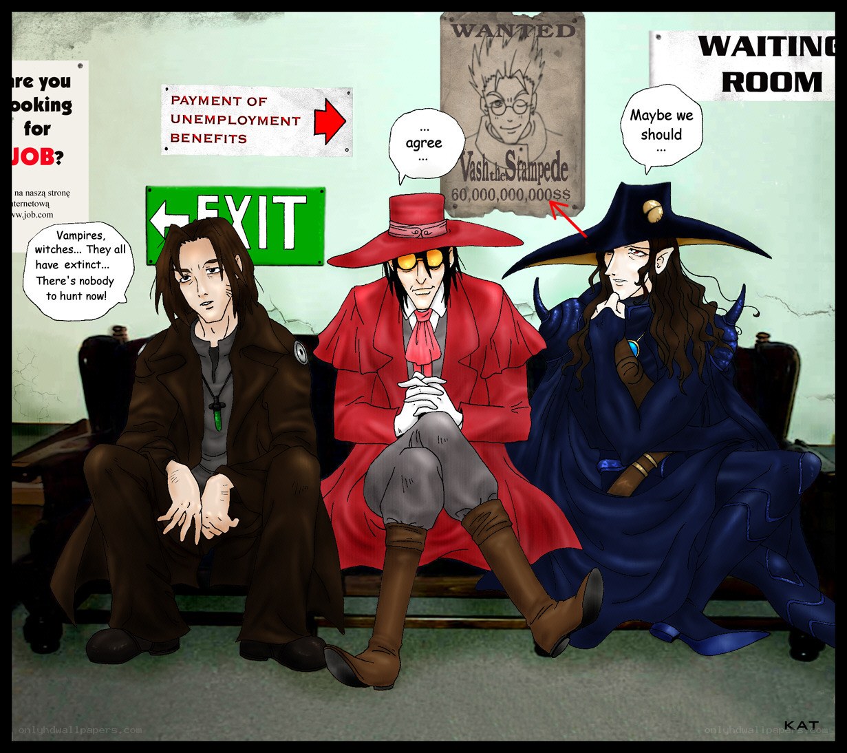 Three hunters in a waiting room