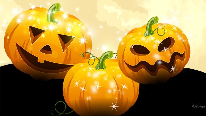 Three Jack-o'-lanterns — Orange, Festive, Night, Digital Art, Pumpkins, Carved Faces