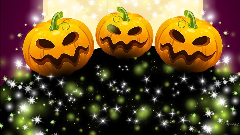 Three Jack-o'-lanterns — Orange, Festive, Night, Digital Art, Pumpkins, Moon