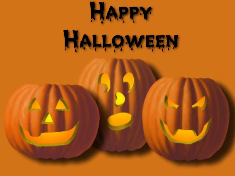 Three Jack-o'-lanterns — Orange, Festive, Night, Digital Art, Pumpkins