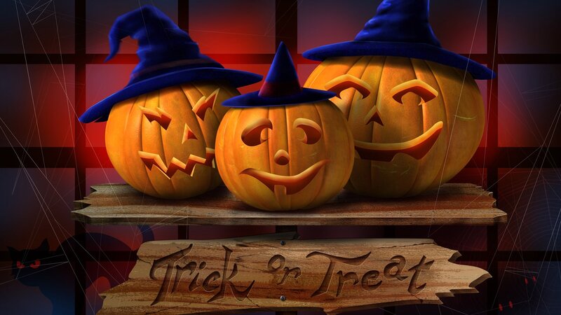 Three Jack-o'-lanterns — Orange, Festive, Night, Digital Art