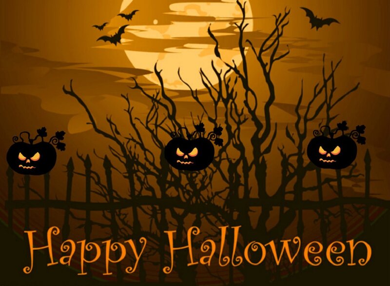 Three Jack-o'-lanterns — Orange, Spooky, Night, Digital Art, Bats