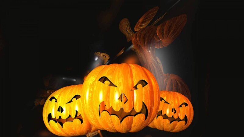 Three Jack-o'-lanterns — Orange, Spooky, Night, Digital Art, Carved Pumpkins