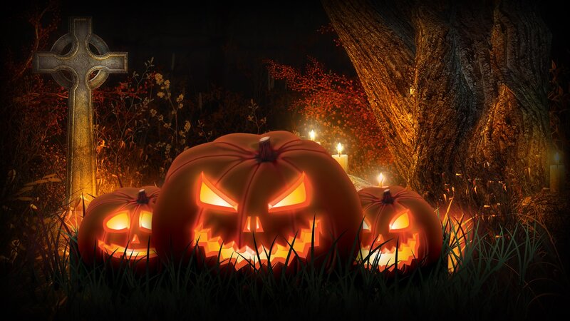 Three Jack-o'-lanterns — Orange, Spooky, Night, Digital Art, Gravestone