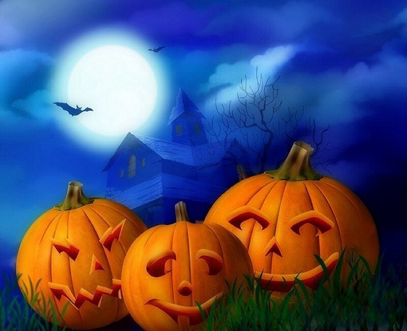Three Jack-o'-lanterns — Orange, Spooky, Night, Digital Art, Moon, Bats, House