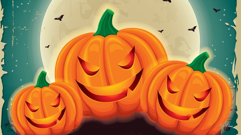 Three Jack-o'-lanterns — Orange, Spooky, Night, Digital Art, Moon, Bats