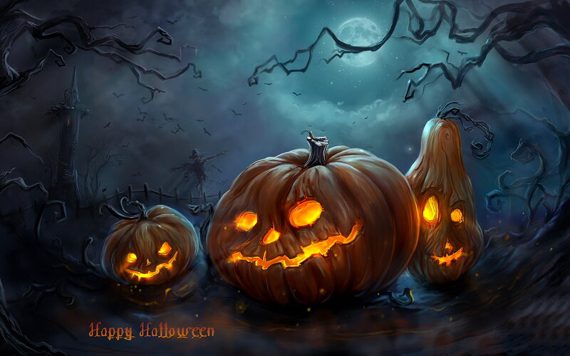 Three Jack-o'-lanterns — Orange, Spooky, Night, Digital Art, Moon