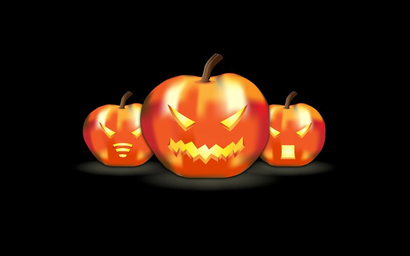 Three Jack-o'-lanterns — Orange, Spooky, Night, Digital Art, Pumpkins