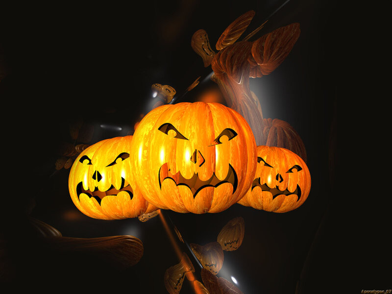 Three Jack-o'-lanterns — Orange, Spooky, Night, Digital Art