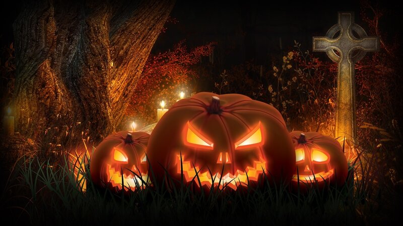 Three Jack-o'-lanterns — Orange, Spooky, Night, Digital Art, Tree