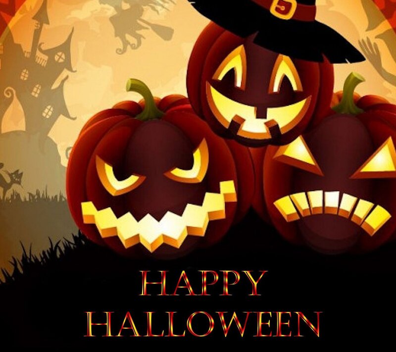 Three Jack-o'-lanterns — Orange, Spooky, Night, Digital Art, Witch Hat, Haunted House