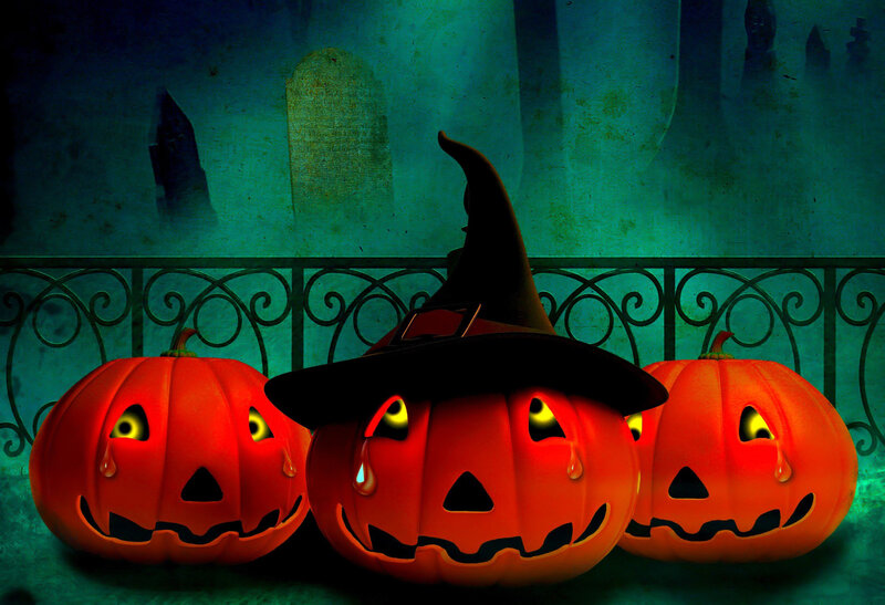 Three Jack-o'-lanterns — Orange, Spooky, Night, Digital Art, Witch Hat