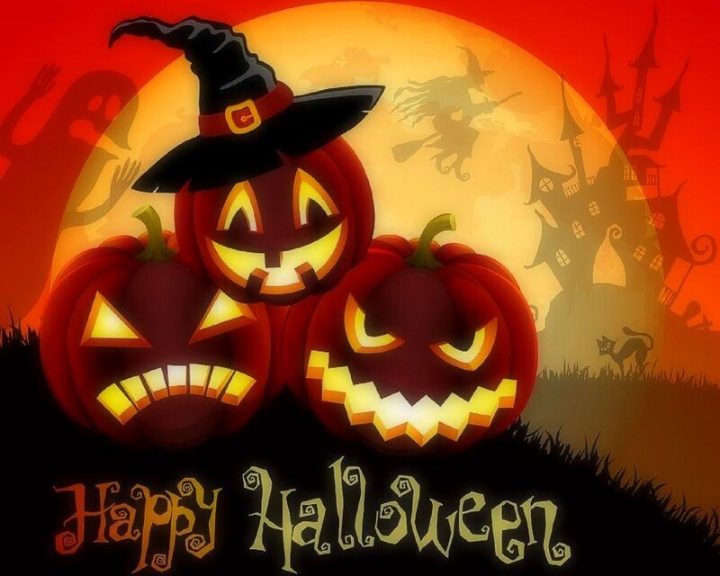 Three Jack-o'-lanterns — Orange, Spooky, Night, Digital Art, Witch