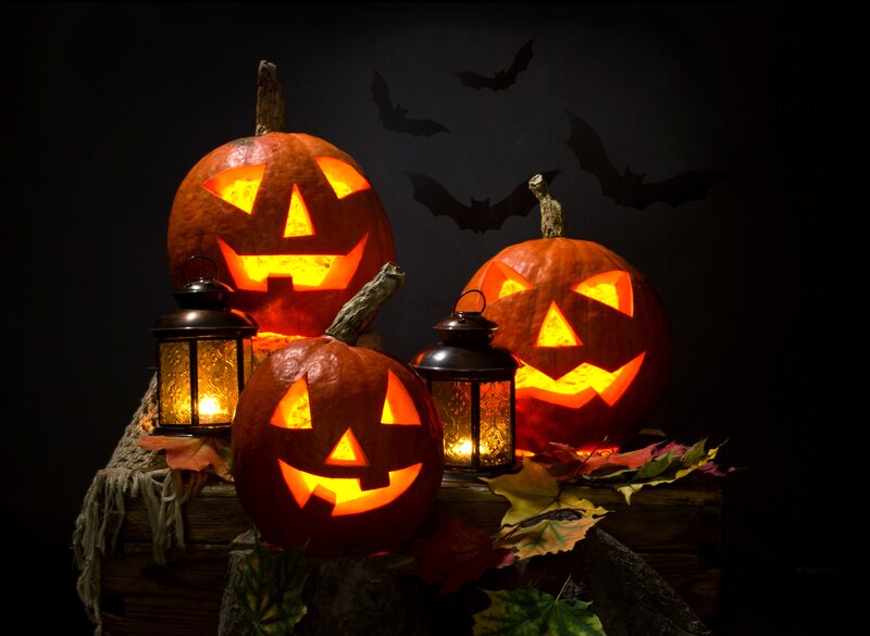 Three Jack-o'-lanterns — Orange, Spooky, Night, Photograph
