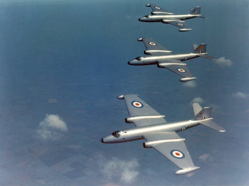 Three Jet Aircraft in Formation — Blue, Calm