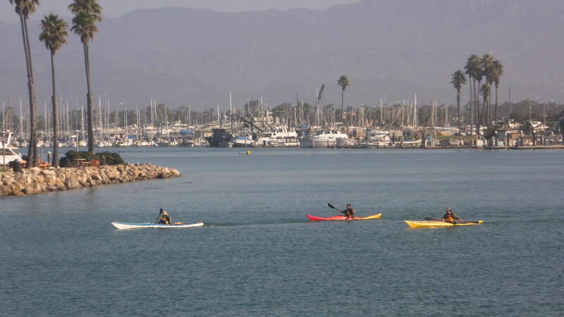 Three Kayakers on Water