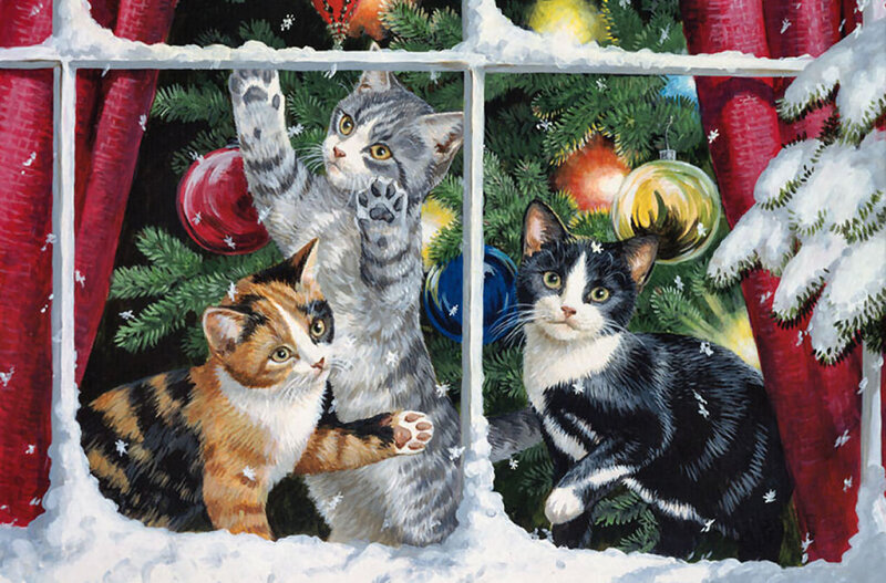 Three Kittens by Window — Red