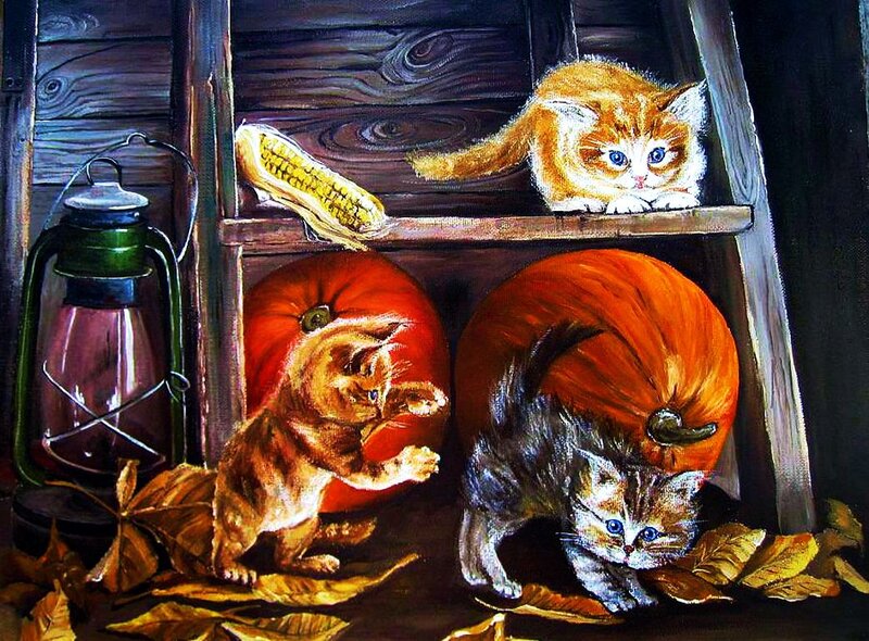 Three Kittens in a Barn