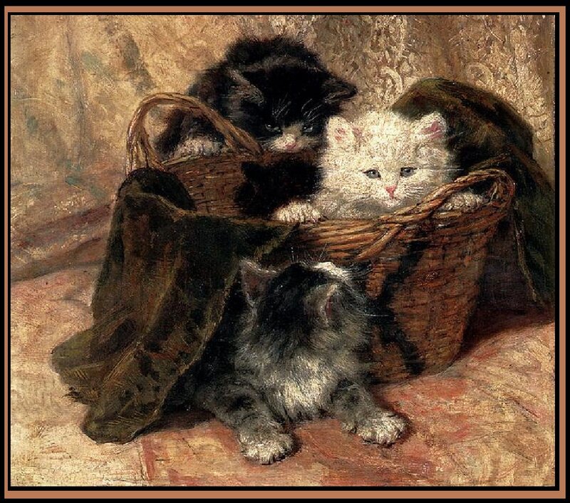 Three Kittens in Basket — Brown, Calm, Painting, Cloth