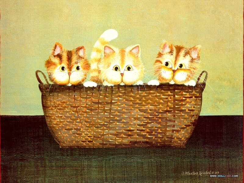 Three Kittens in Basket — Brown, Calm