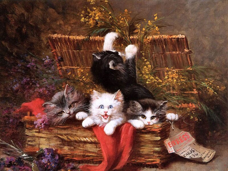 Three Kittens in Basket — Brown, Playful, Painting