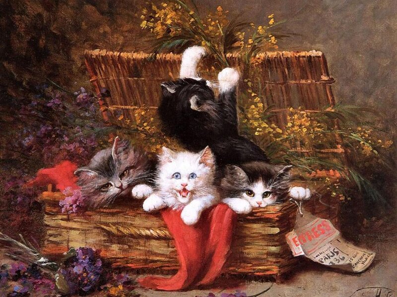 Three Kittens in Basket — Brown, Playful