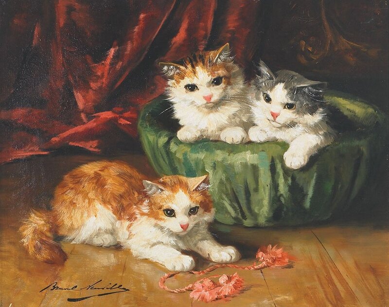 Three Kittens in Basket — Green, Calm, Painting