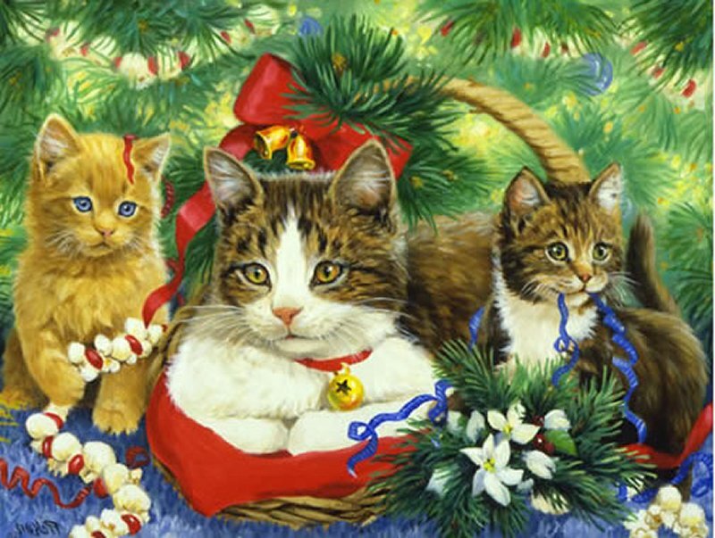 Three Kittens in Basket — Green, Festive