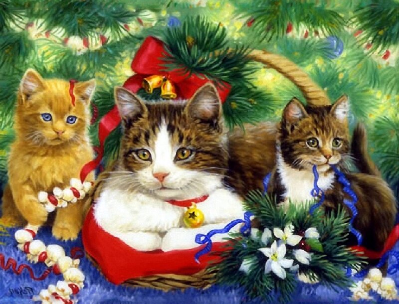 Three Kittens in Basket — Green, Festive, Winter, Painting
