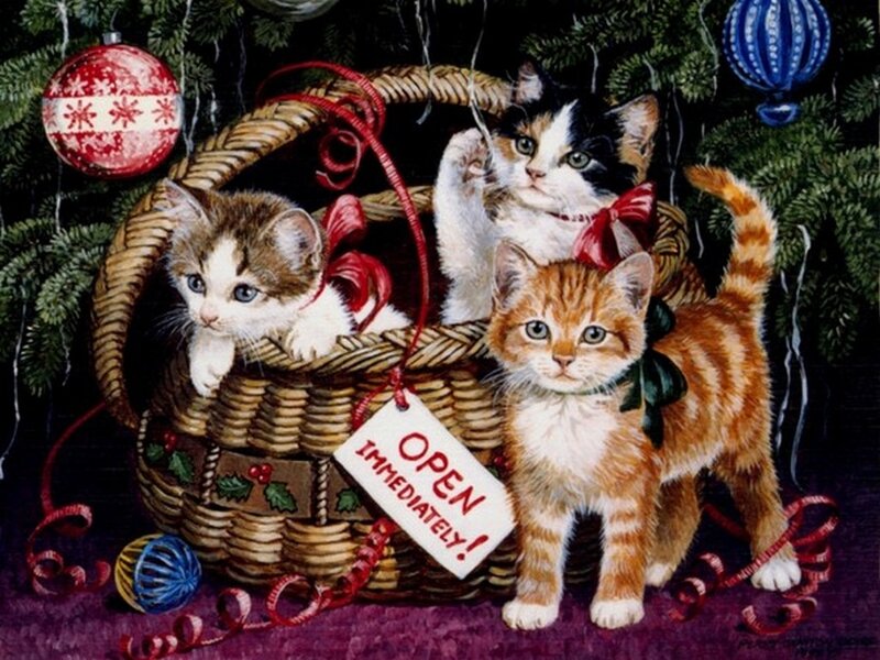 Three Kittens in Basket — Green, Festive, Winter