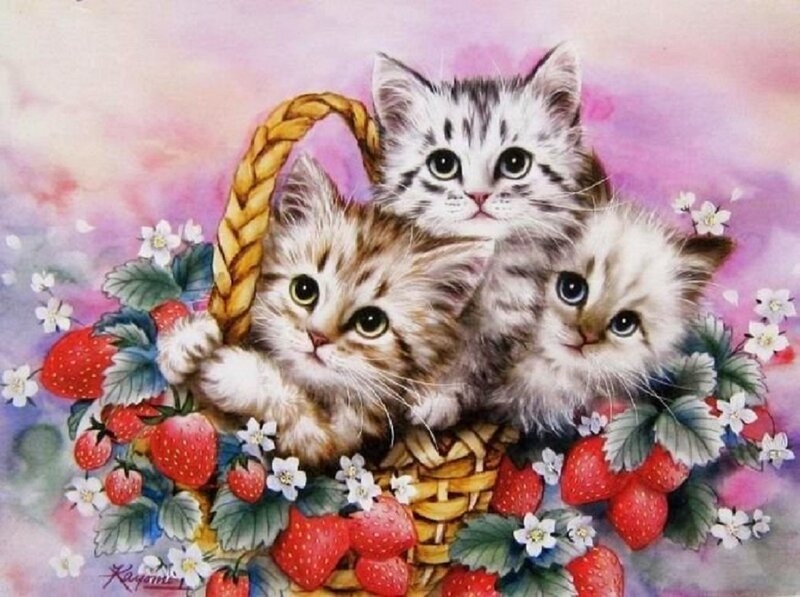 Three Kittens in Basket — Pink, Cute