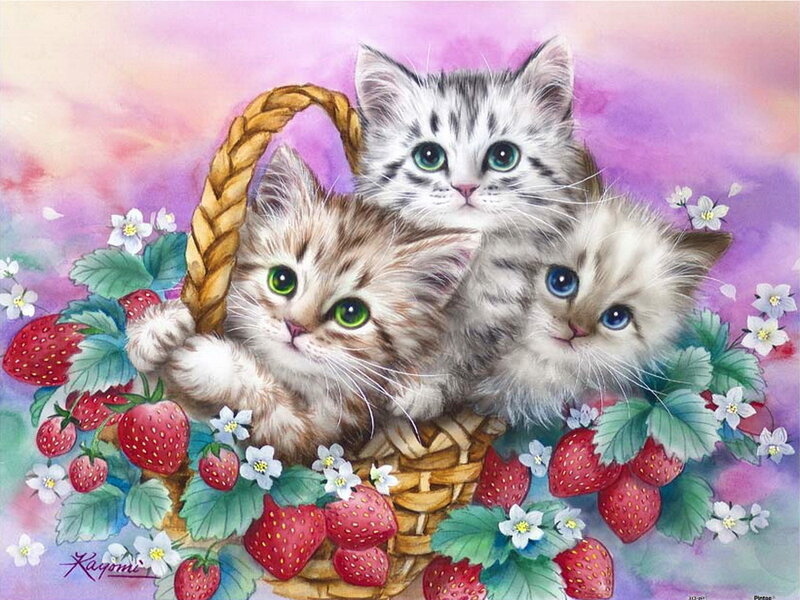Three Kittens in Basket — Purple, Cheerful