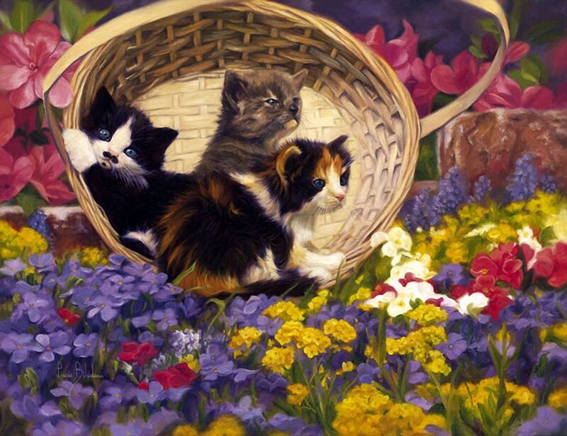 Three Kittens in Basket — Purple, Serene, Spring