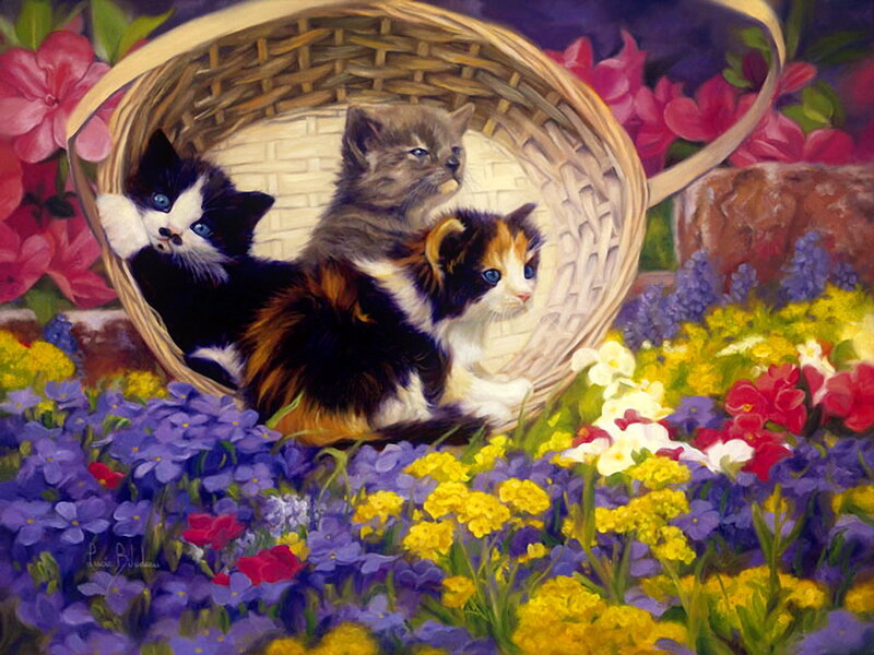 Three Kittens in Basket — Purple, Serene
