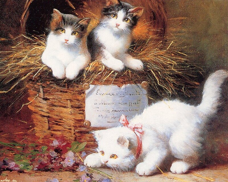 Three Kittens in Basket — White, Calm, Painting