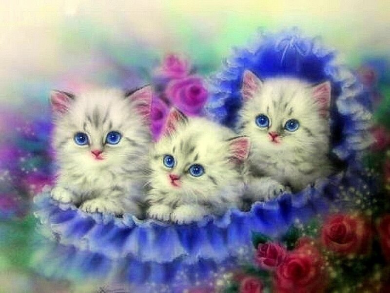 Three Kittens in Basket — White, Whimsical