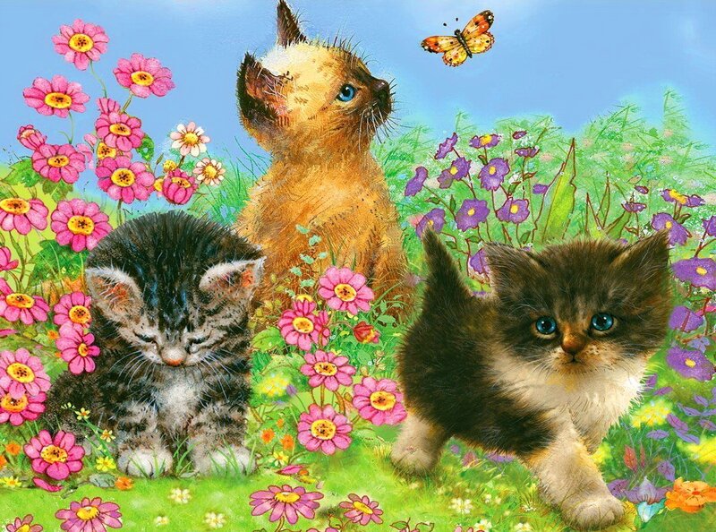 Three Kittens in Flowers — Green, Playful, Spring
