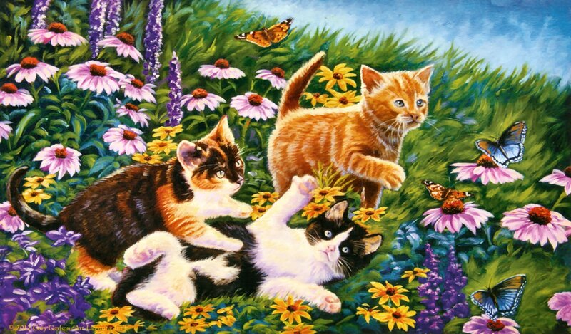 Three Kittens in Flowers — Green, Playful, Summer