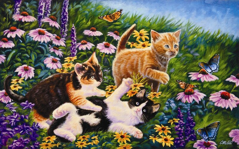 Three Kittens in Flowers — Green, Playful