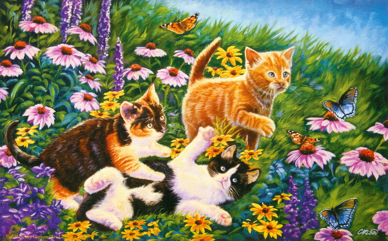 Three Kittens in Flowers — Green