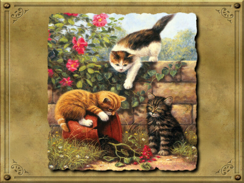 Three Kittens in Garden — Brown