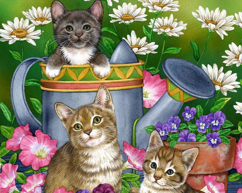 Three Kittens in Garden — Green, Cheerful